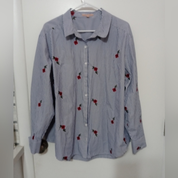 Gibson Latimer Long Sleeve Button Down Pinstriped Embroidered Roses Shirt - Picture 1 of 10